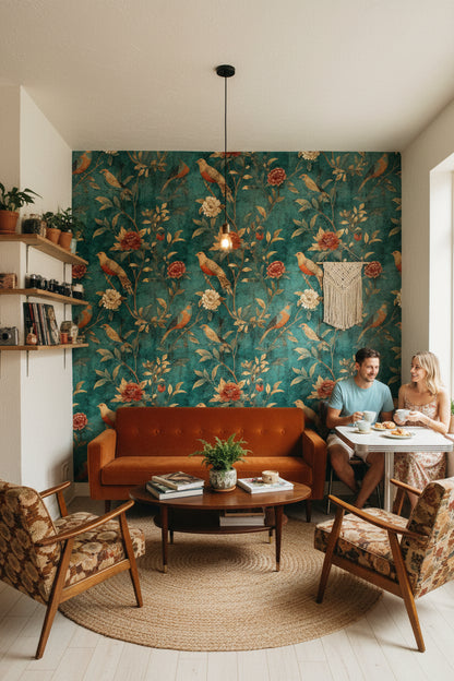 Vintage Teal Floral Bird Print Wallpaper