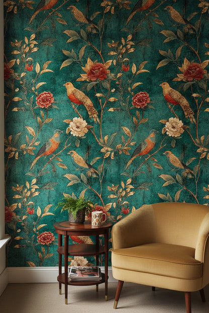 Vintage Teal Floral Bird Print Wallpaper