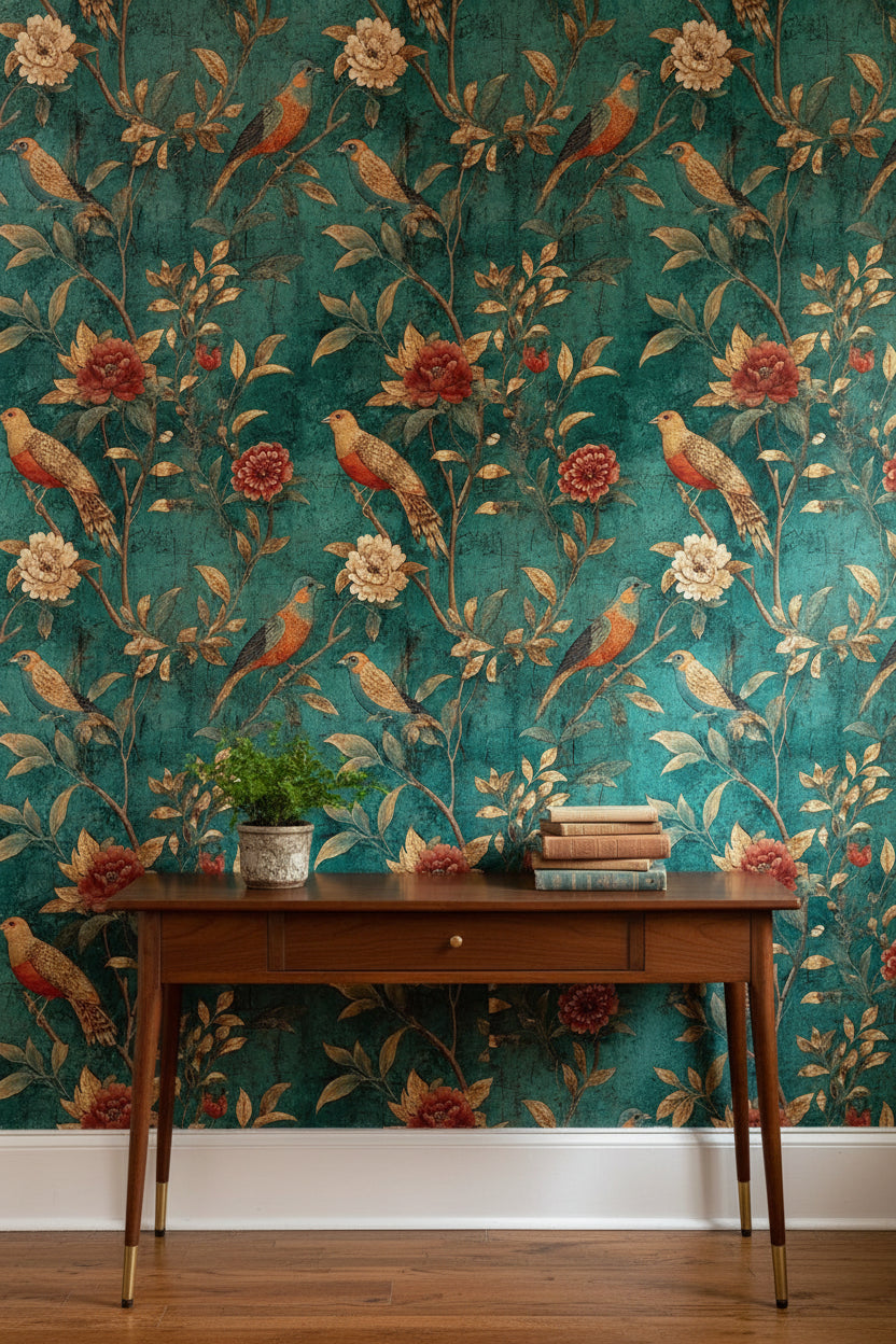 Vintage Teal Floral Bird Print Wallpaper
