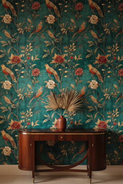 Vintage Teal Floral Bird Print Wallpaper