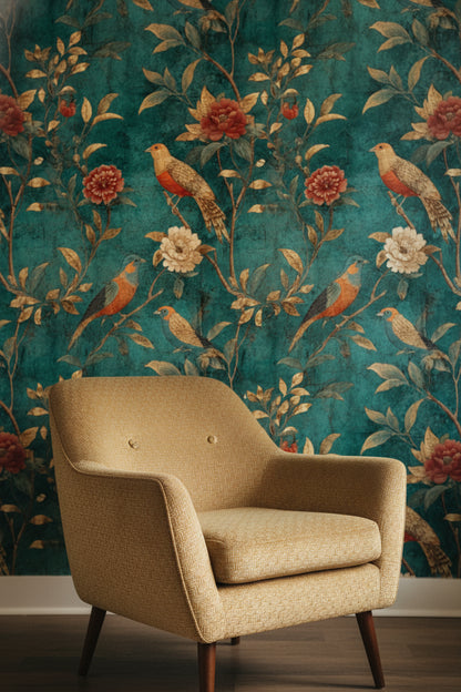 Vintage Teal Floral Bird Print Wallpaper