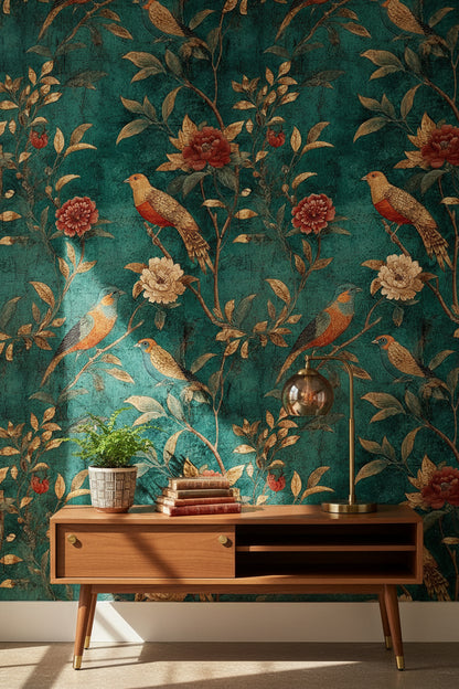 Vintage Teal Floral Bird Print Wallpaper