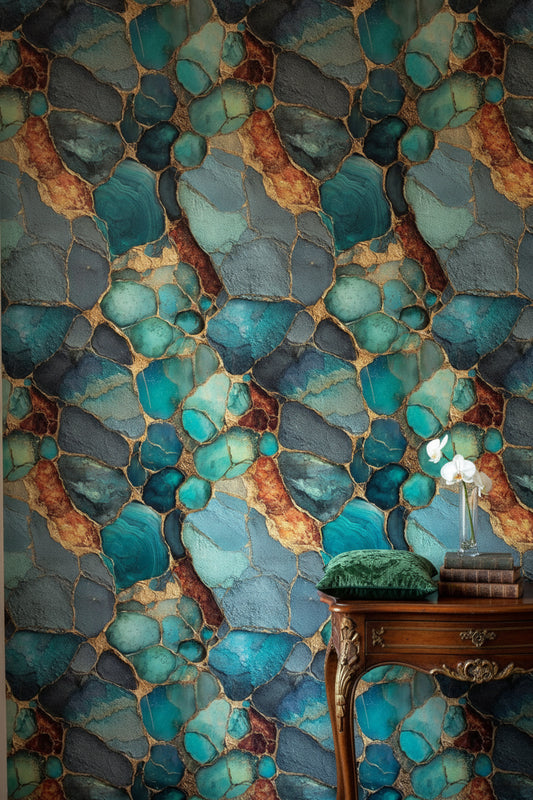 Teal and Gold Geode Abstract Wallpaper