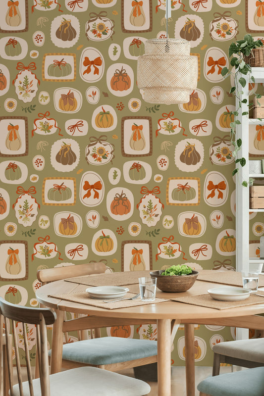Muted Green Wallpaper Vintage Playful Decorative Mural