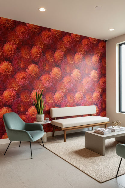 Fiery Orange and Red Chrysanthemum Floral Wallpaper