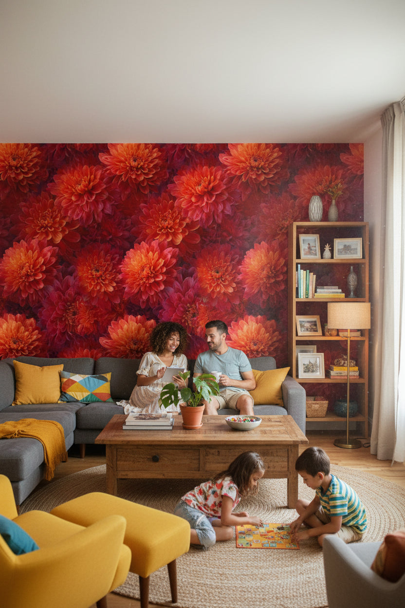 Fiery Orange and Red Chrysanthemum Floral Wallpaper