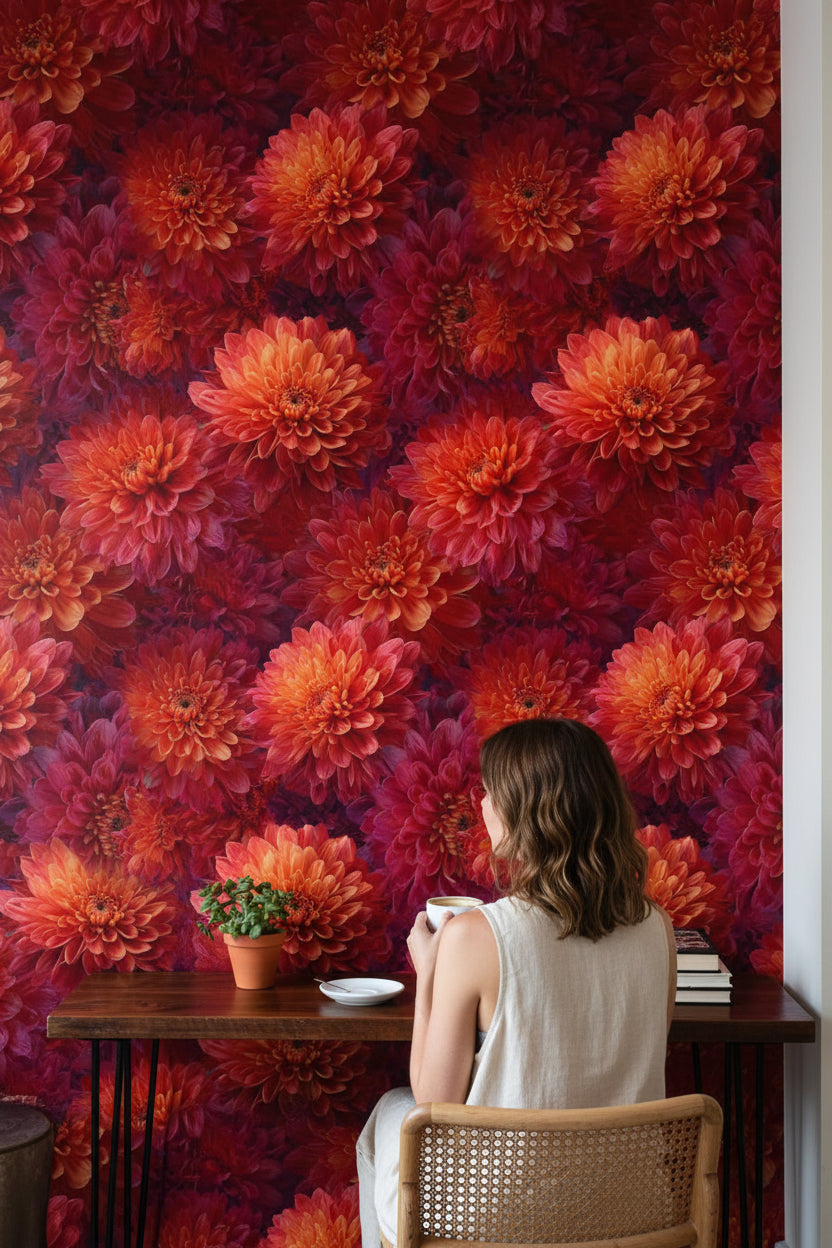 Fiery Orange and Red Chrysanthemum Floral Wallpaper
