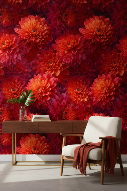 Fiery Orange and Red Chrysanthemum Floral Wallpaper