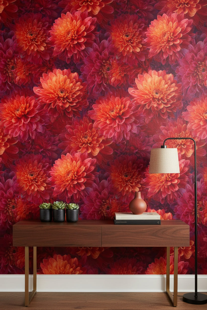 Fiery Orange and Red Chrysanthemum Floral Wallpaper