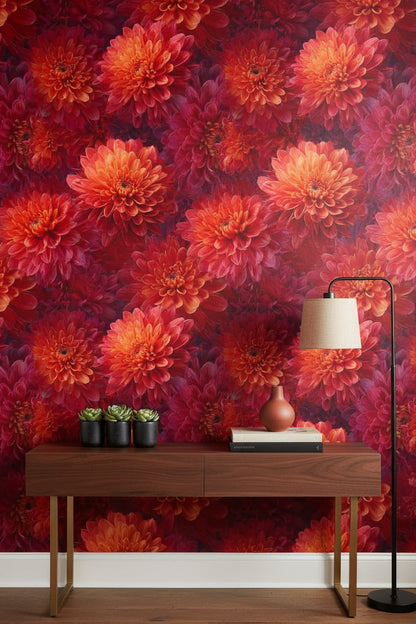 Fiery Orange and Red Chrysanthemum Floral Wallpaper