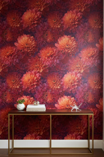 Fiery Orange and Red Chrysanthemum Floral Wallpaper