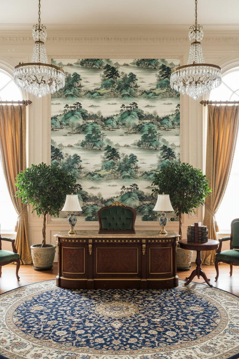 Cream and Green Chinoiserie Landscape Wallpaper