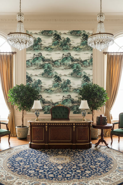 Cream and Green Chinoiserie Landscape Wallpaper