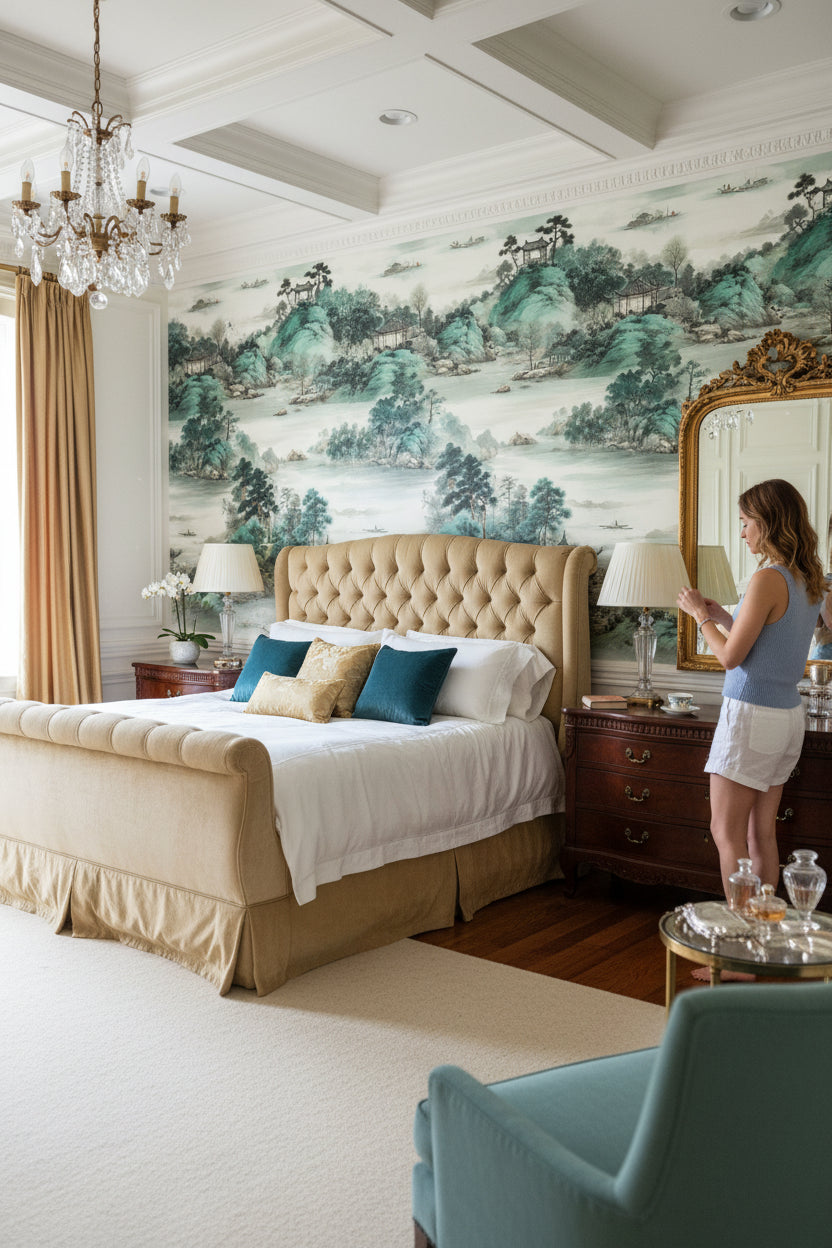 Cream and Green Chinoiserie Landscape Wallpaper