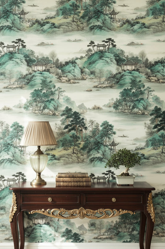 Cream and Green Chinoiserie Landscape Wallpaper