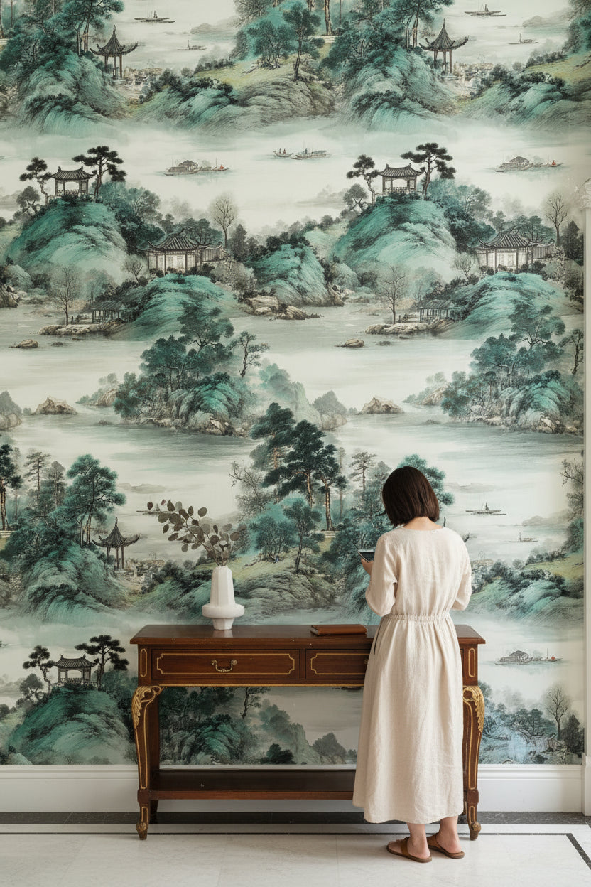 Cream and Green Chinoiserie Landscape Wallpaper