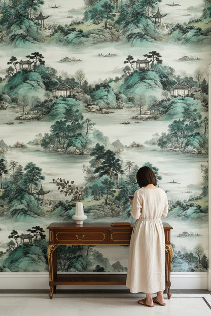 Cream and Green Chinoiserie Landscape Wallpaper