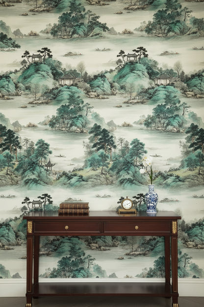 Cream and Green Chinoiserie Landscape Wallpaper