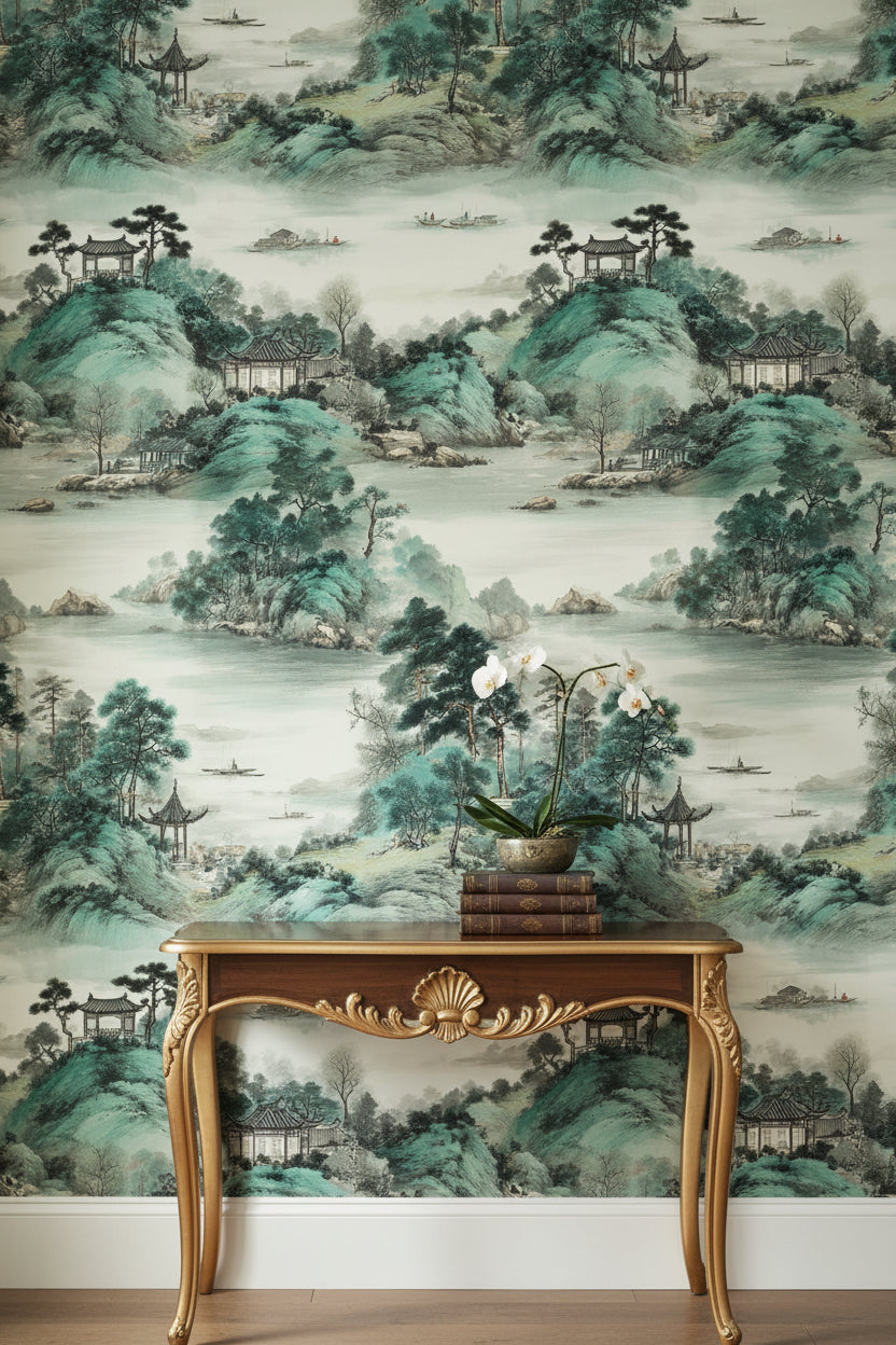 Cream and Green Chinoiserie Landscape Wallpaper