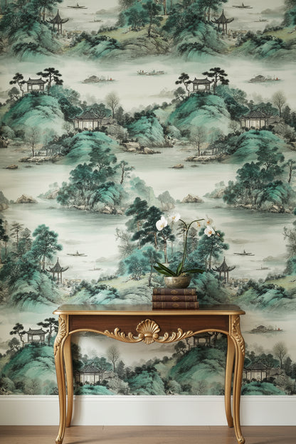 Cream and Green Chinoiserie Landscape Wallpaper