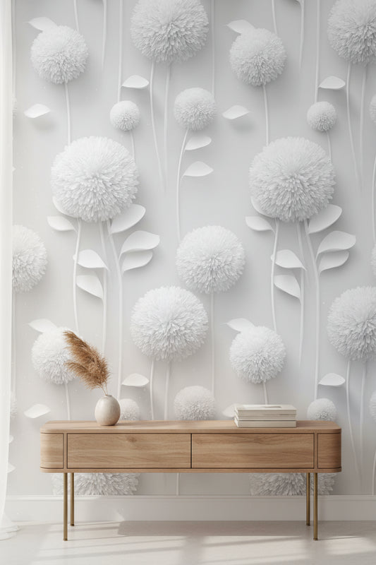 Textured White 3D Floral Blossom Wallpaper