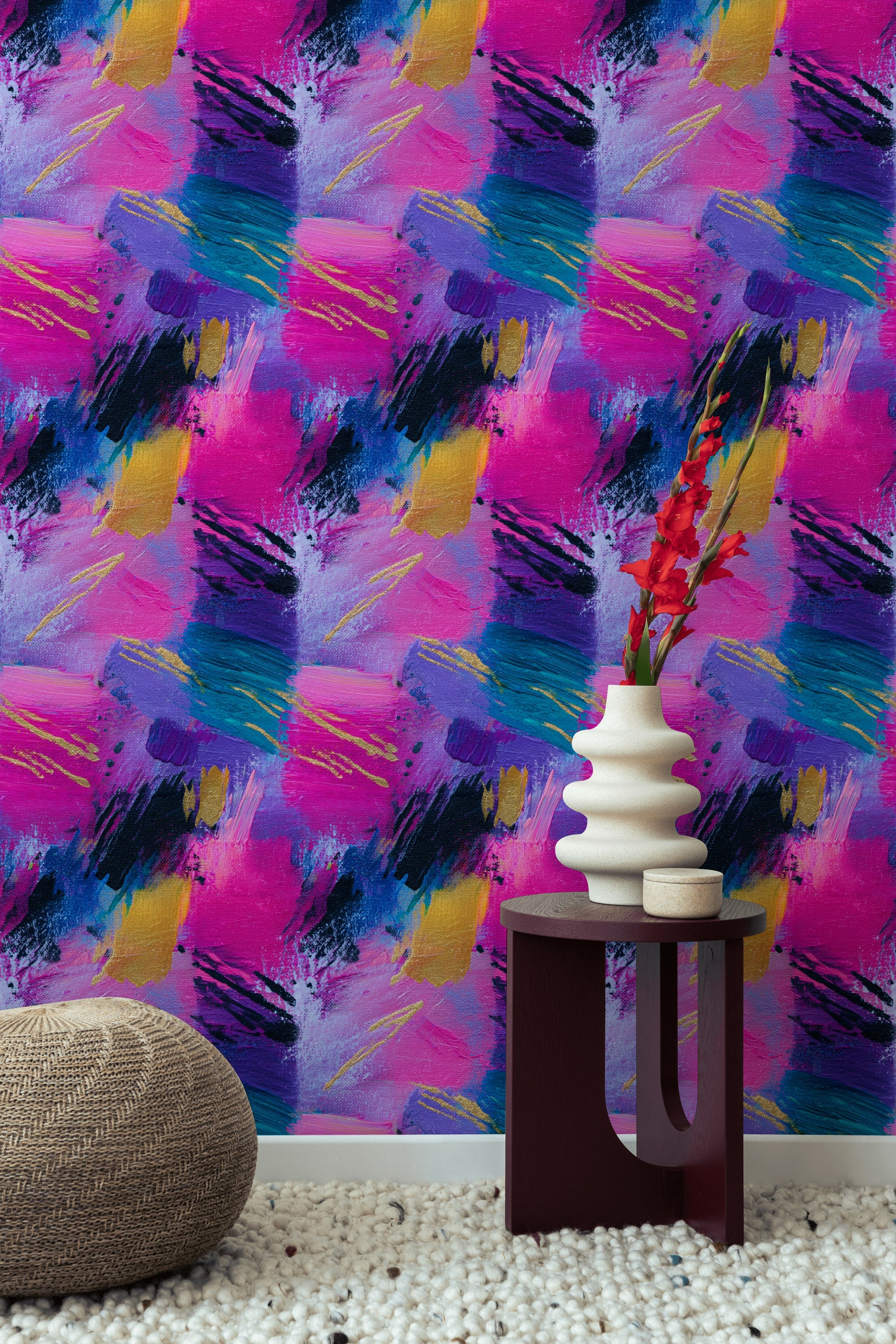 Vibrant Pink and Blue Abstract Brushstroke Wallpaper