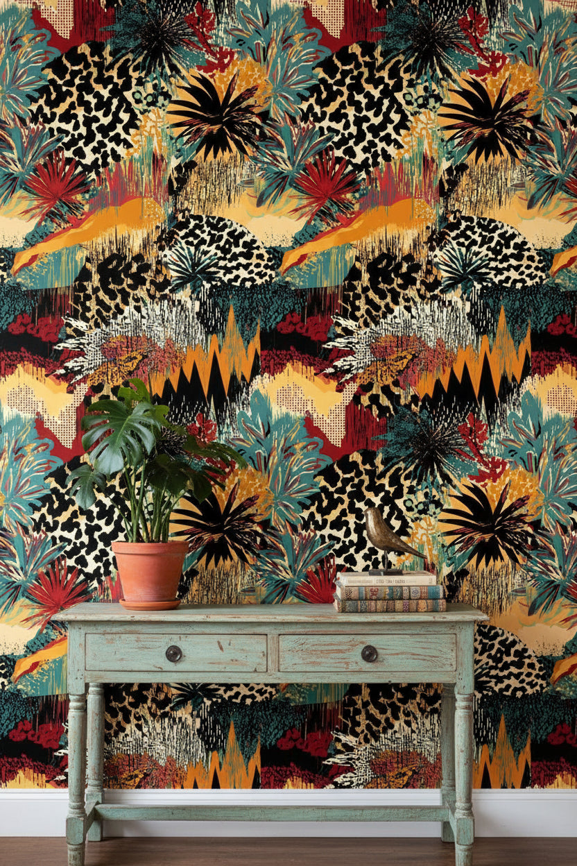Multicolor Abstract Jungle Botanical Wallpaper