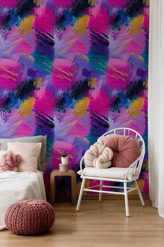 Vibrant Pink and Blue Abstract Brushstroke Wallpaper