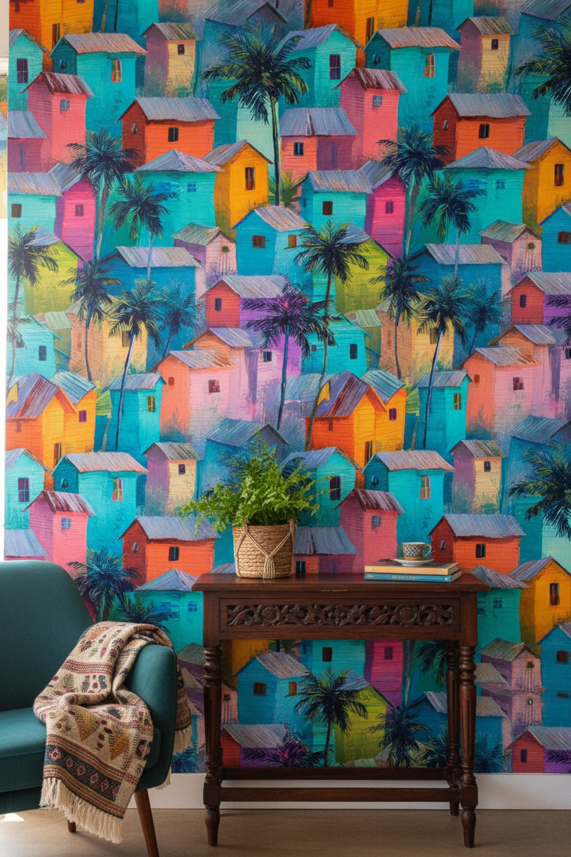 Vibrant Teal Tropical Village Wallpaper