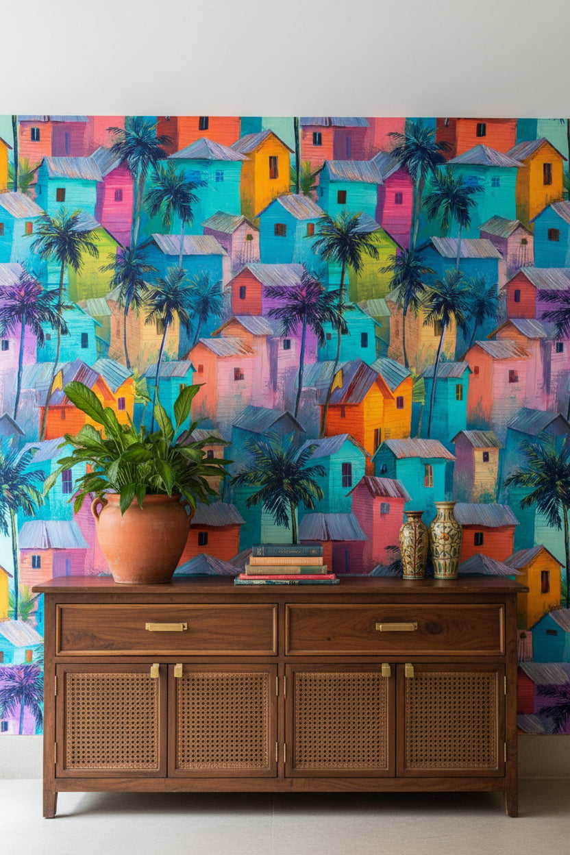 Vibrant Teal Tropical Village Wallpaper