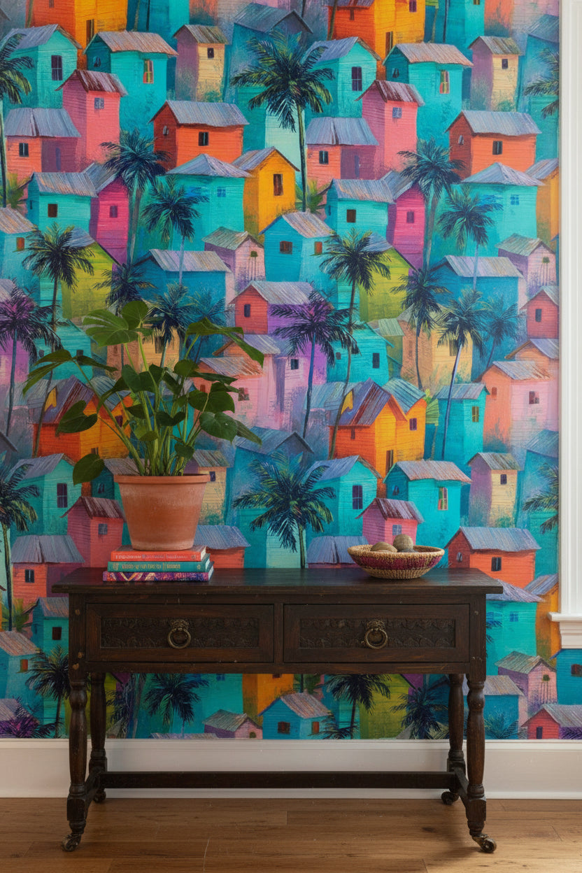 Vibrant Teal Tropical Village Wallpaper