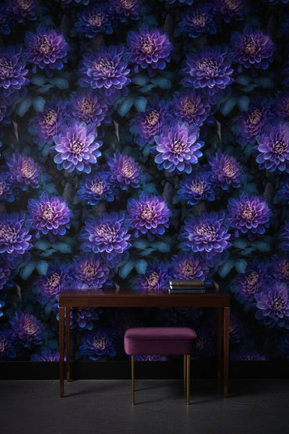 Deep Black and Purple Dahlia Floral Wallpaper