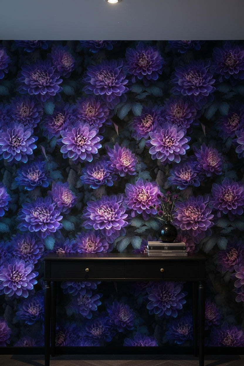Deep Black and Purple Dahlia Floral Wallpaper