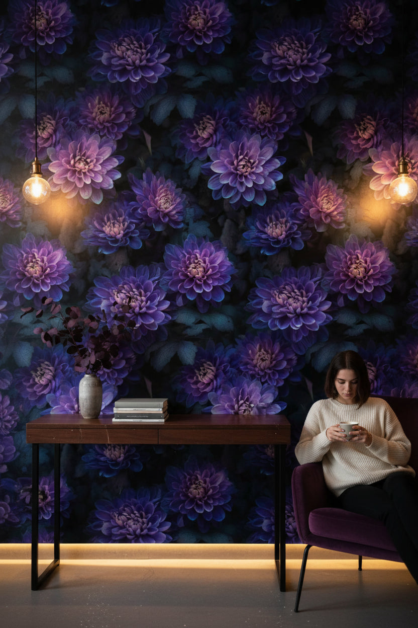 Deep Black and Purple Dahlia Floral Wallpaper