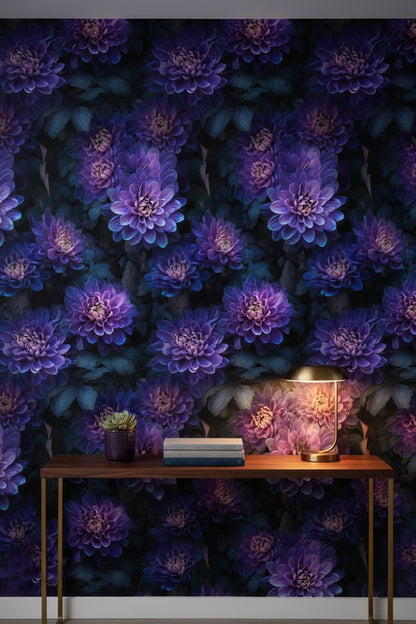 Deep Black and Purple Dahlia Floral Wallpaper