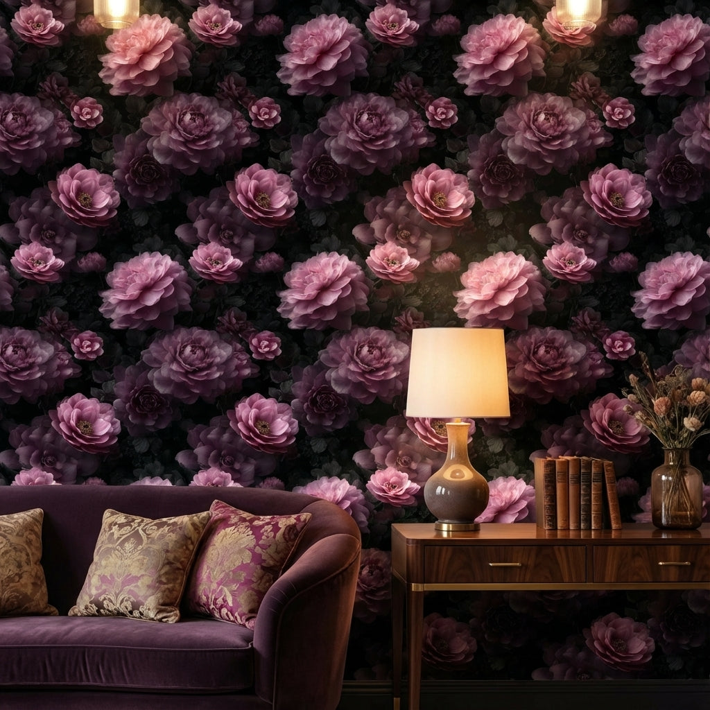 Dark Charcoal Luxe Pink Rose Floral Wallpaper