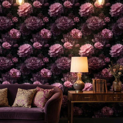 Dark Charcoal Luxe Pink Rose Floral Wallpaper