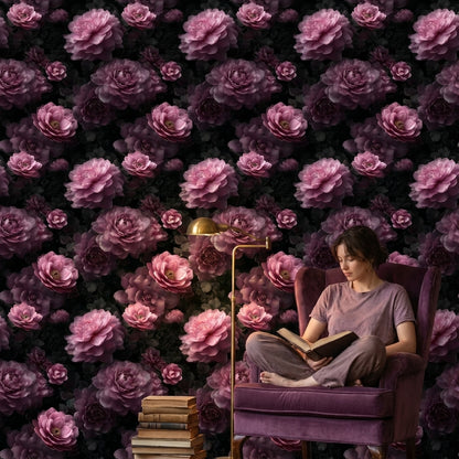 Dark Charcoal Luxe Pink Rose Floral Wallpaper