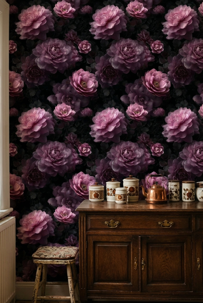 Dark Charcoal Luxe Pink Rose Floral Wallpaper