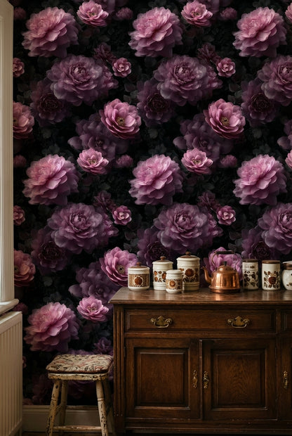 Dark Charcoal Luxe Pink Rose Floral Wallpaper
