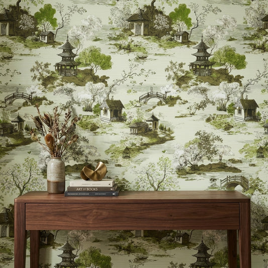 Cream and Green Chinoiserie Landscape Wallpaper
