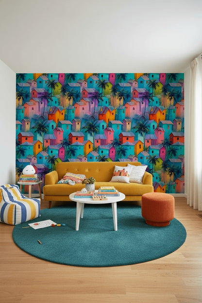 Vibrant Teal Tropical Village Wallpaper