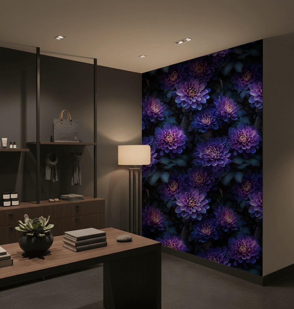Deep Black and Purple Dahlia Floral Wallpaper