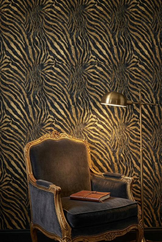 Luxurious Black and Gold Look Zebra Stripe Wallpaper