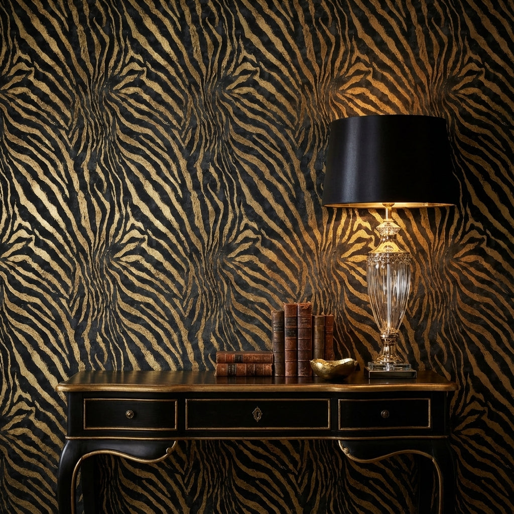 Luxurious Black and Gold Look Zebra Stripe Wallpaper