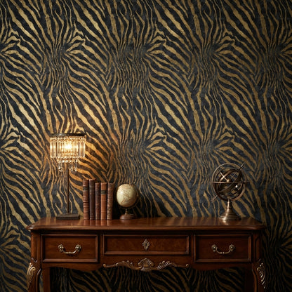 Luxurious Black and Gold Look Zebra Stripe Wallpaper