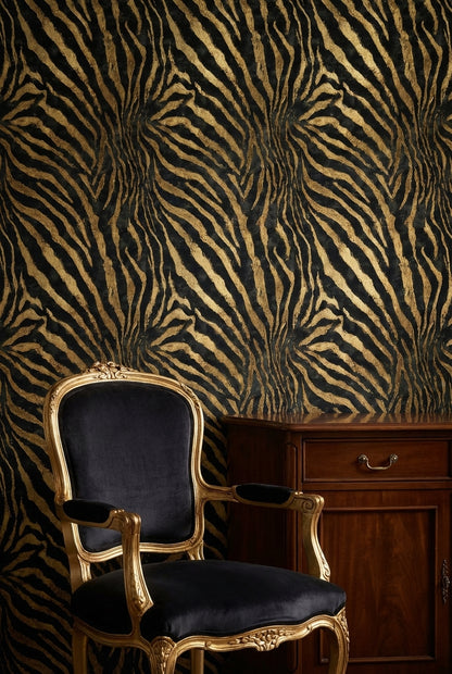 Luxurious Black and Gold Look Zebra Stripe Wallpaper