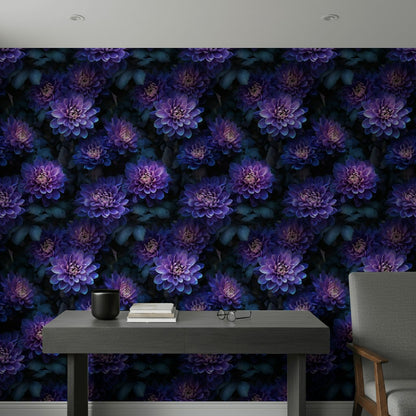 Deep Black and Purple Dahlia Floral Wallpaper
