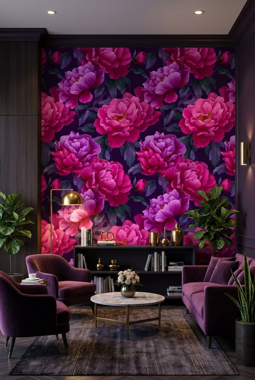 Dark Plum and Pink Peony Floral Wallpaper