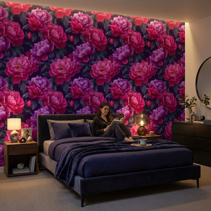 Dark Plum and Pink Peony Floral Wallpaper